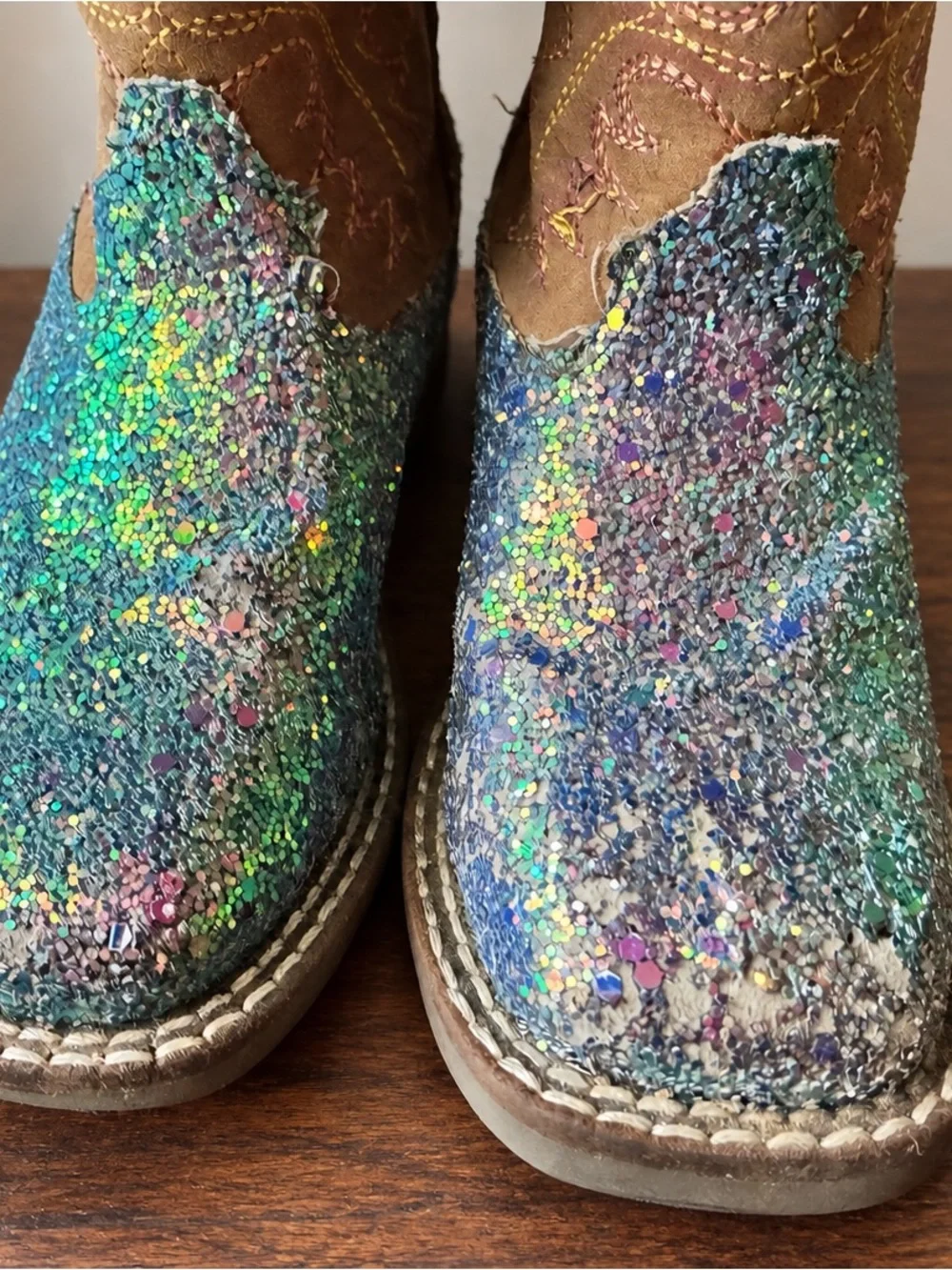 Kids Glitter Western Cowboy Boots - Brown & Multicolor Size 8.5